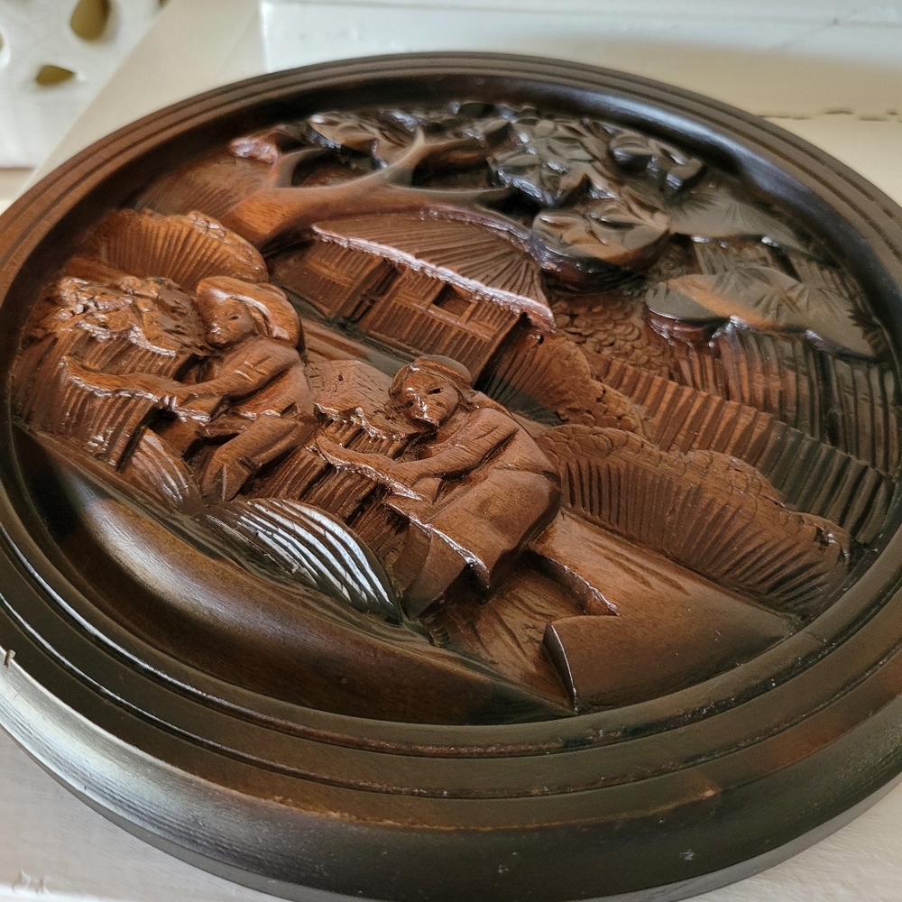 Vintage Hand Carved Decorative Wood Plaque Or Plate